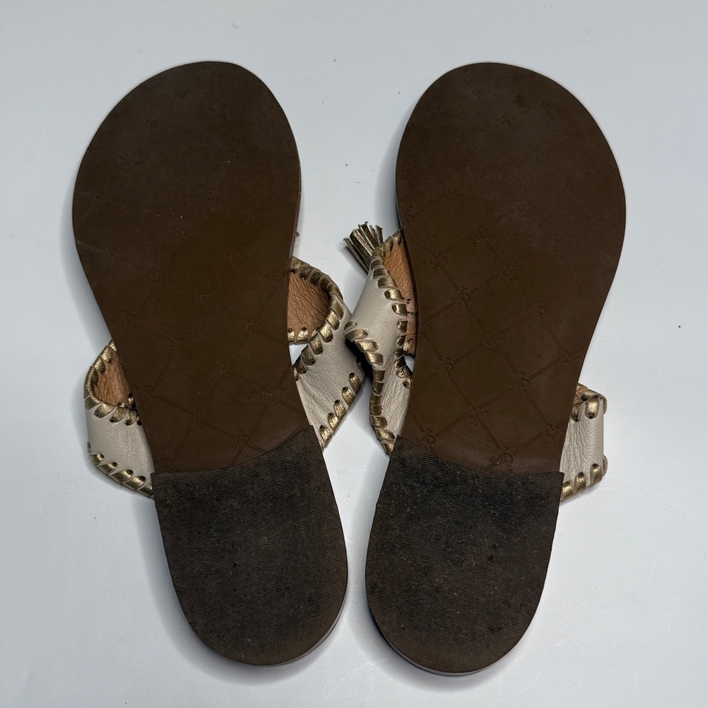 Jack Rogers Alana Tassel Thong Slip On Leather Sandal Bone & Gold S-435 Sz 8 - Picture 7 of 7